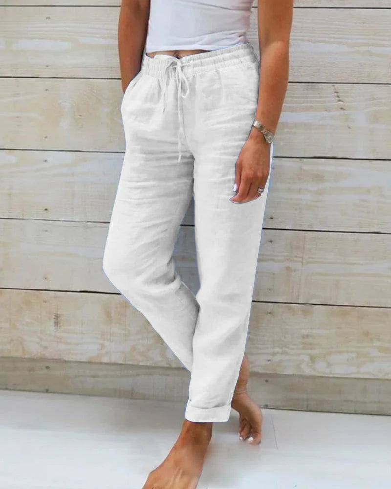 Matilde | Pantalone Donna Casual Vita Elastica Lino Bianco
