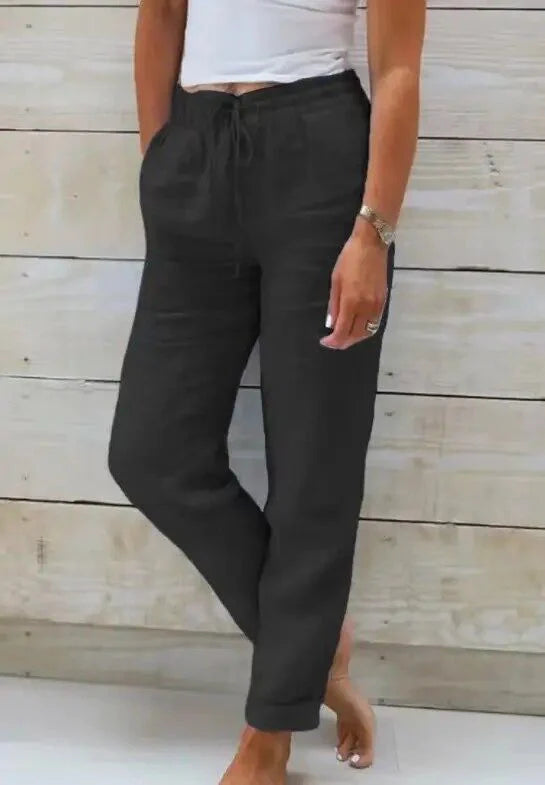 Matilde | Pantalone Donna Casual Vita Elastica Lino Nero