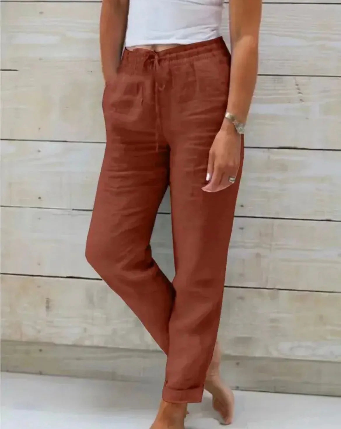 Matilde | Pantalone Donna Casual Vita Elastica Lino Terracotta