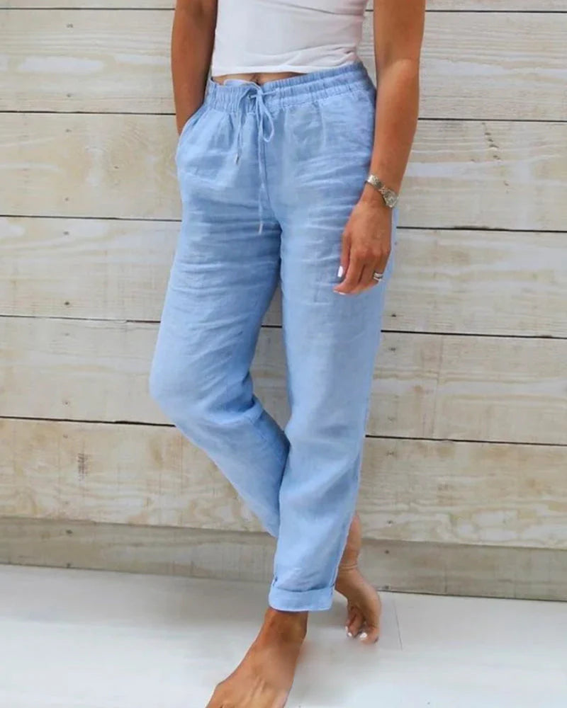 Matilde | Pantalone Donna Casual Vita Elastica Lino Blu