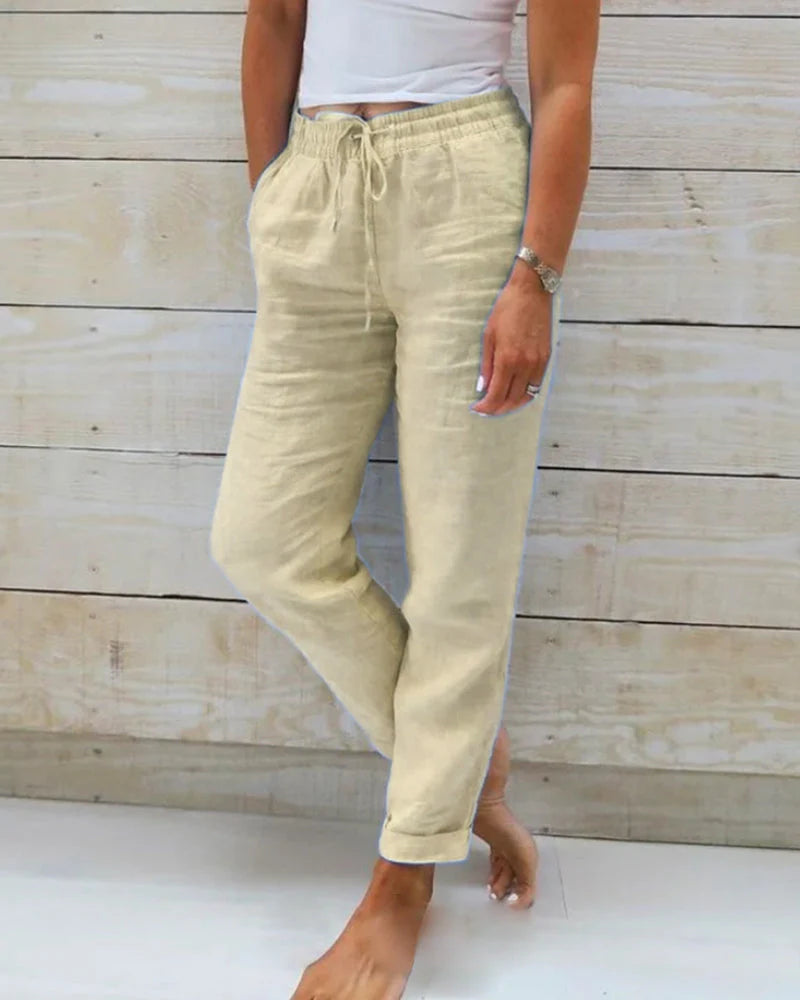 Matilde | Pantalone Donna Casual Vita Elastica Lino Kaki