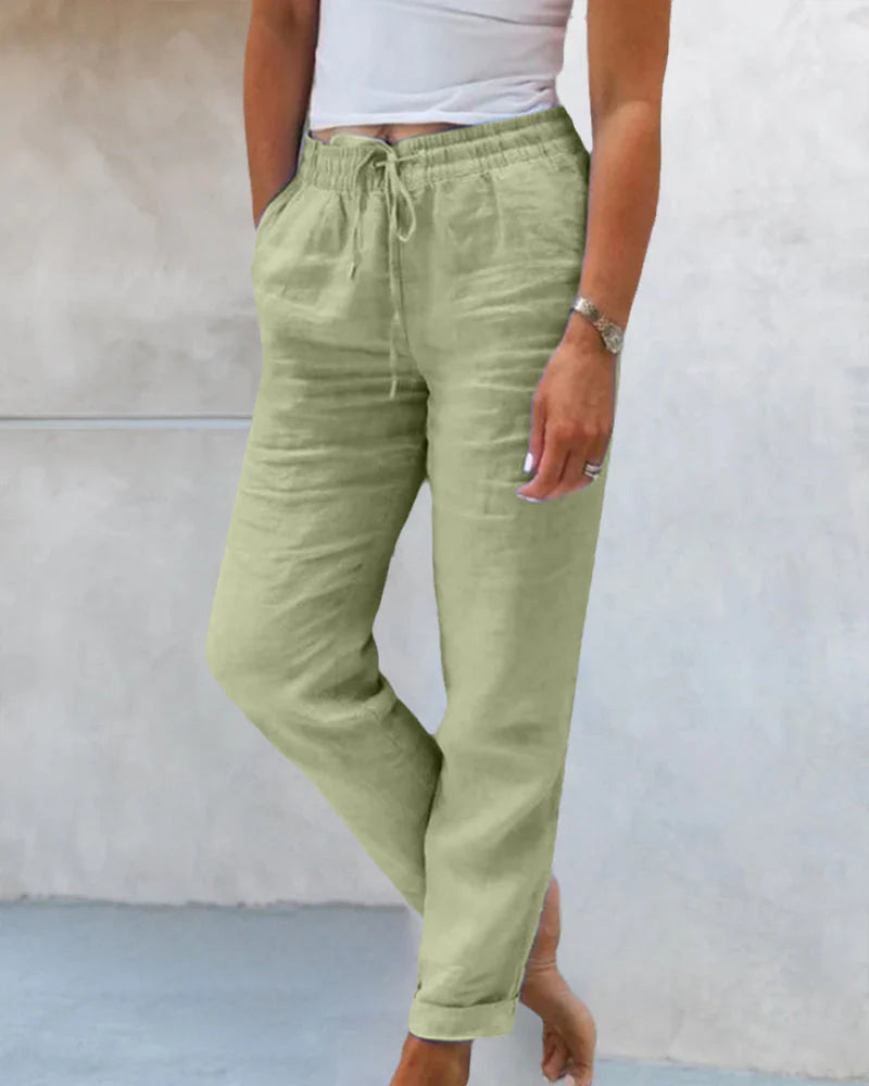Matilde | Pantalone Donna Casual Vita Elastica Lino Verde