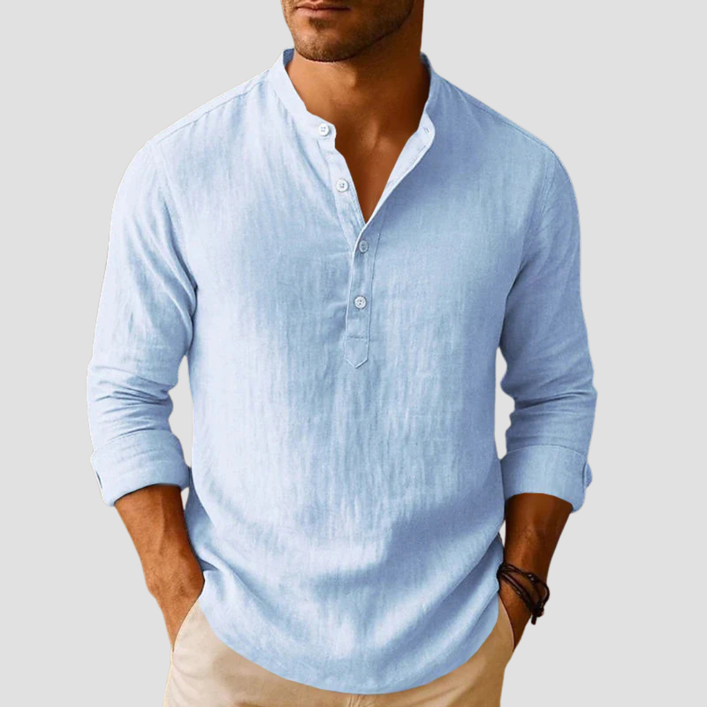 Matteo | Camicia Collo alla Coreana Uomo Manica Lunga Azzurro Chiaro