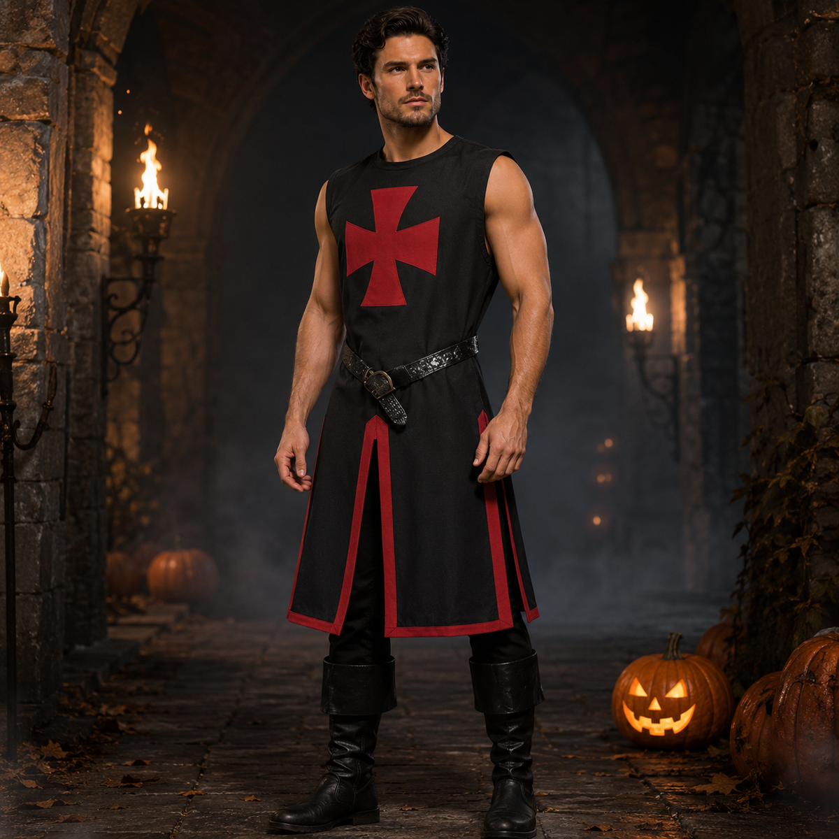 Medieval Knight Costume Tunic with Contrasting Trim and Split Hem Panels - Image 2
