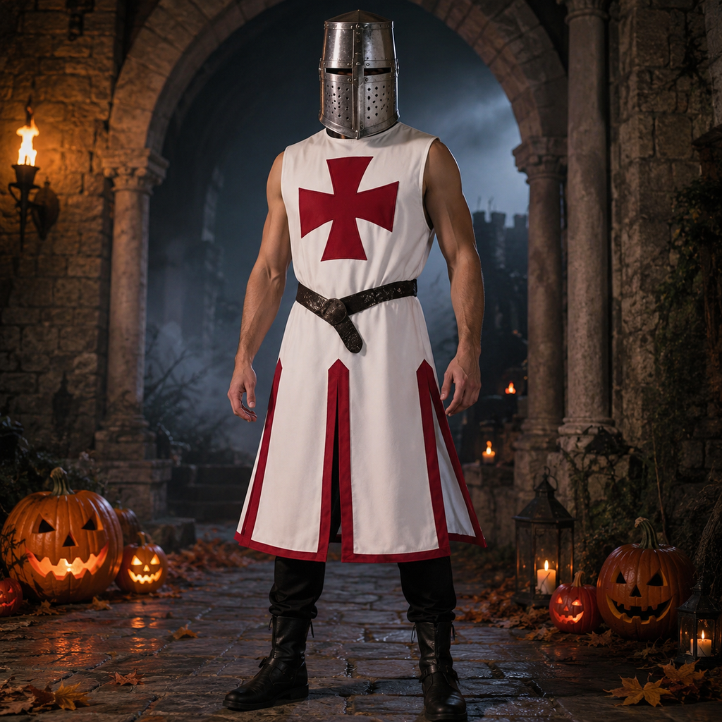 Medieval Knight Costume Tunic with Contrasting Trim and Split Hem Panels - Image 3