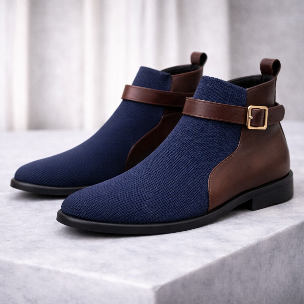 Men's Ankle Boots Leather with Knit Upper Buckle Strap Chelsea Style - Image 1