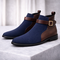 Men's Ankle Boots Leather with Knit Upper Buckle Strap Chelsea Style - Image 1