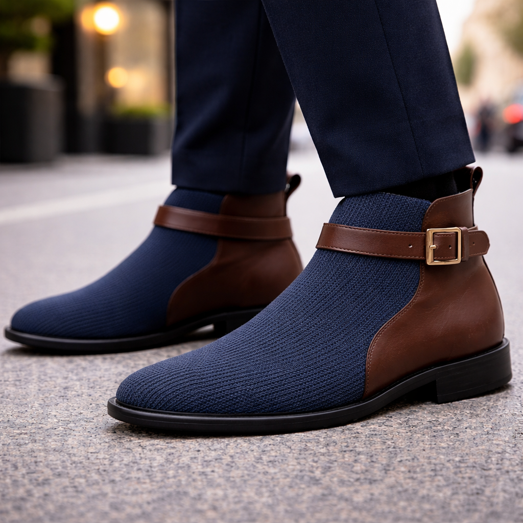Men's Ankle Boots Leather with Knit Upper Buckle Strap Chelsea Style - Image 2