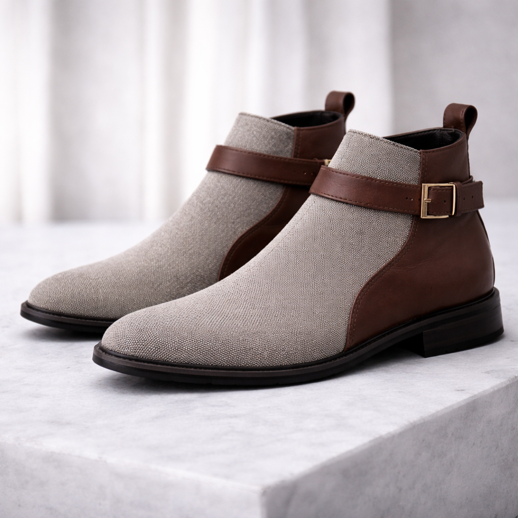 Men's Ankle Boots Leather with Knit Upper Buckle Strap Chelsea Style - Image 3