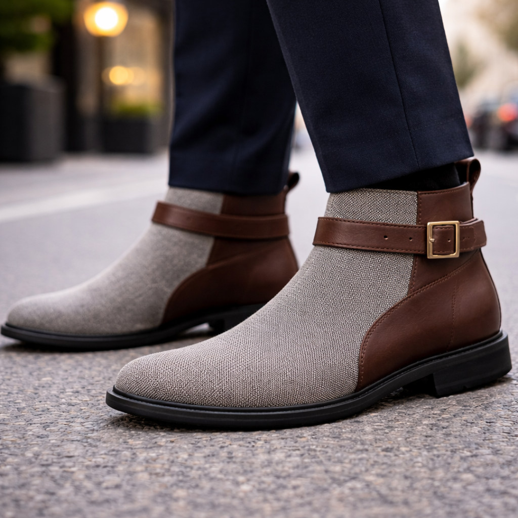 Men's Ankle Boots Leather with Knit Upper Buckle Strap Chelsea Style - Image 4