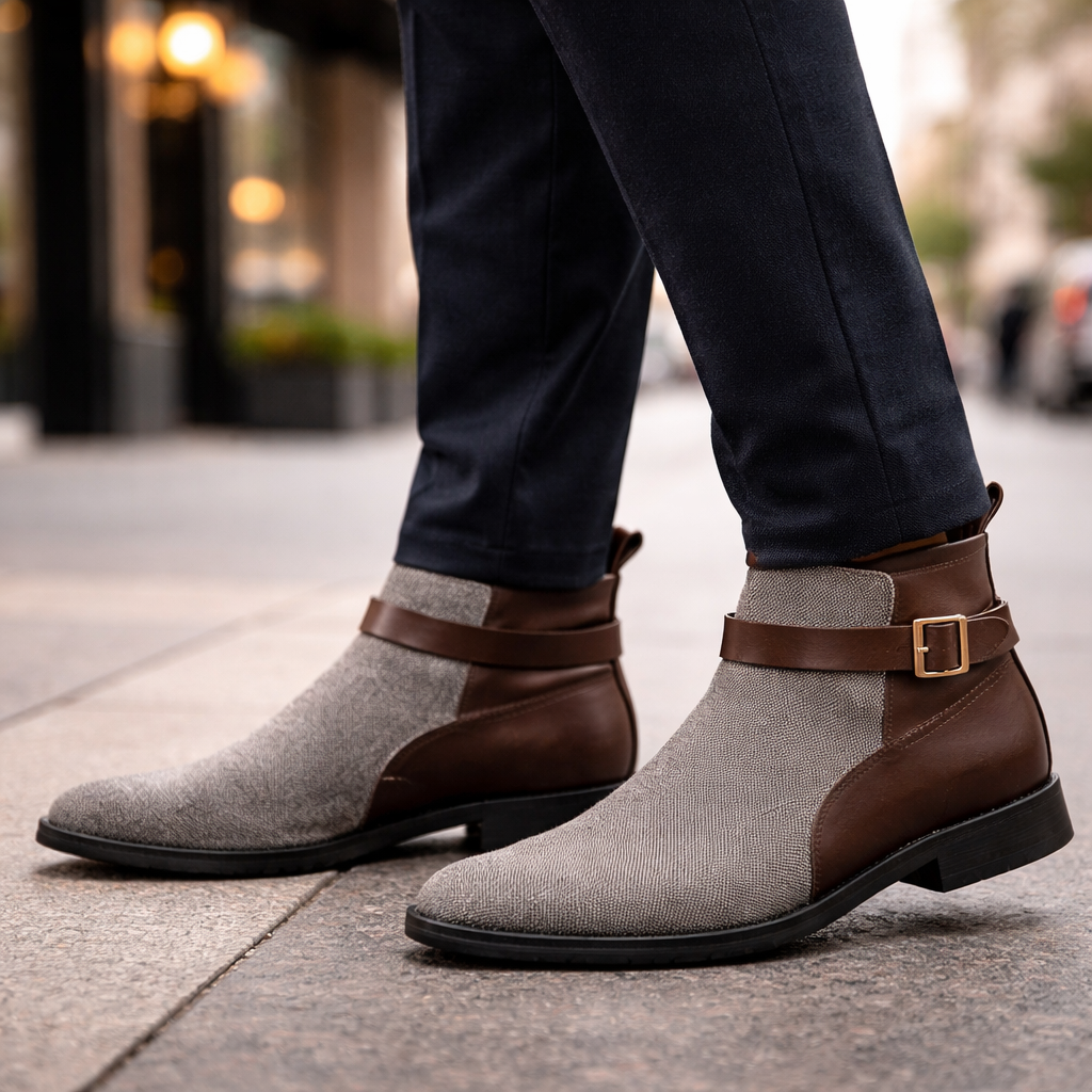 Men's Ankle Boots Leather with Knit Upper Buckle Strap Chelsea Style - Image 5