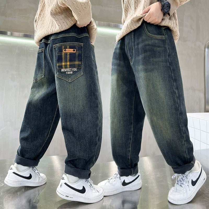 Men's Baggy Loose Fit Jeans with Elastic Waistband and Plaid Pockets - Image 1