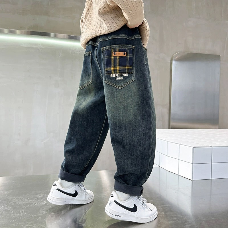 Men's Baggy Loose Fit Jeans with Elastic Waistband and Plaid Pockets - Image 3