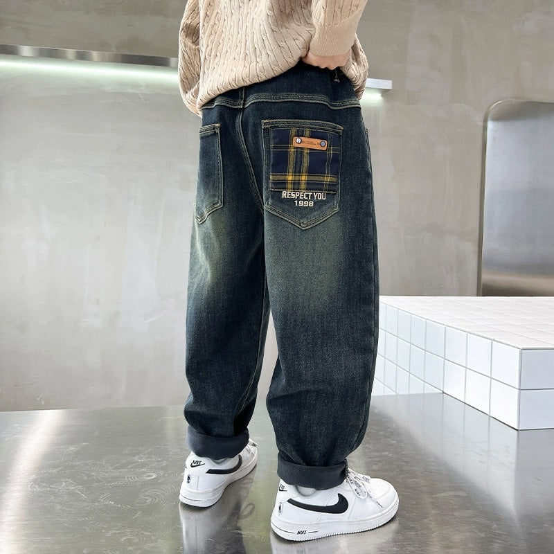 Men's Baggy Loose Fit Jeans with Elastic Waistband and Plaid Pockets - Image 4