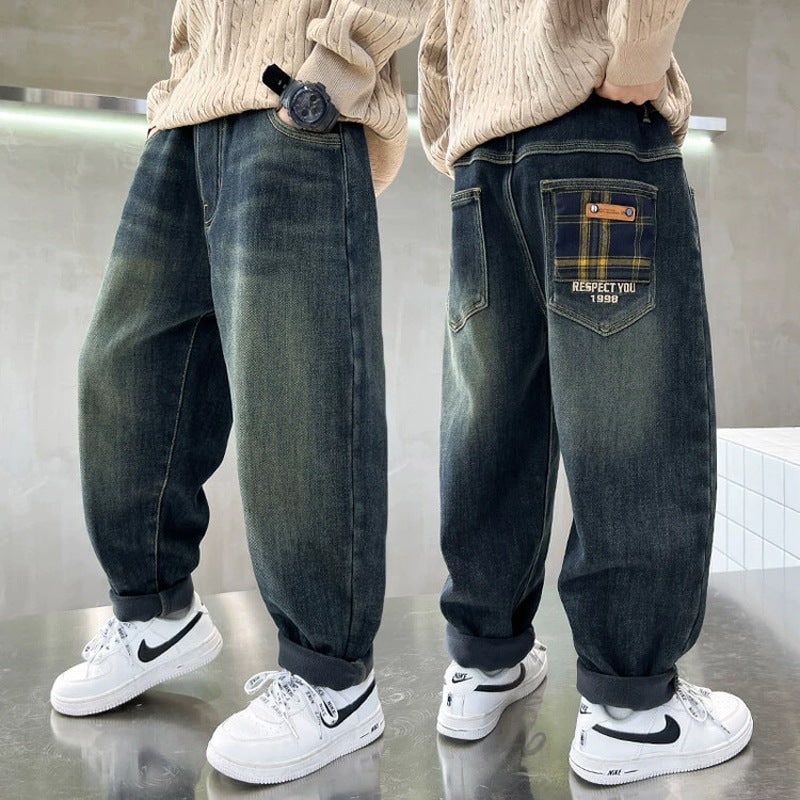 Men's Baggy Loose Fit Jeans with Elastic Waistband and Plaid Pockets - Image 6