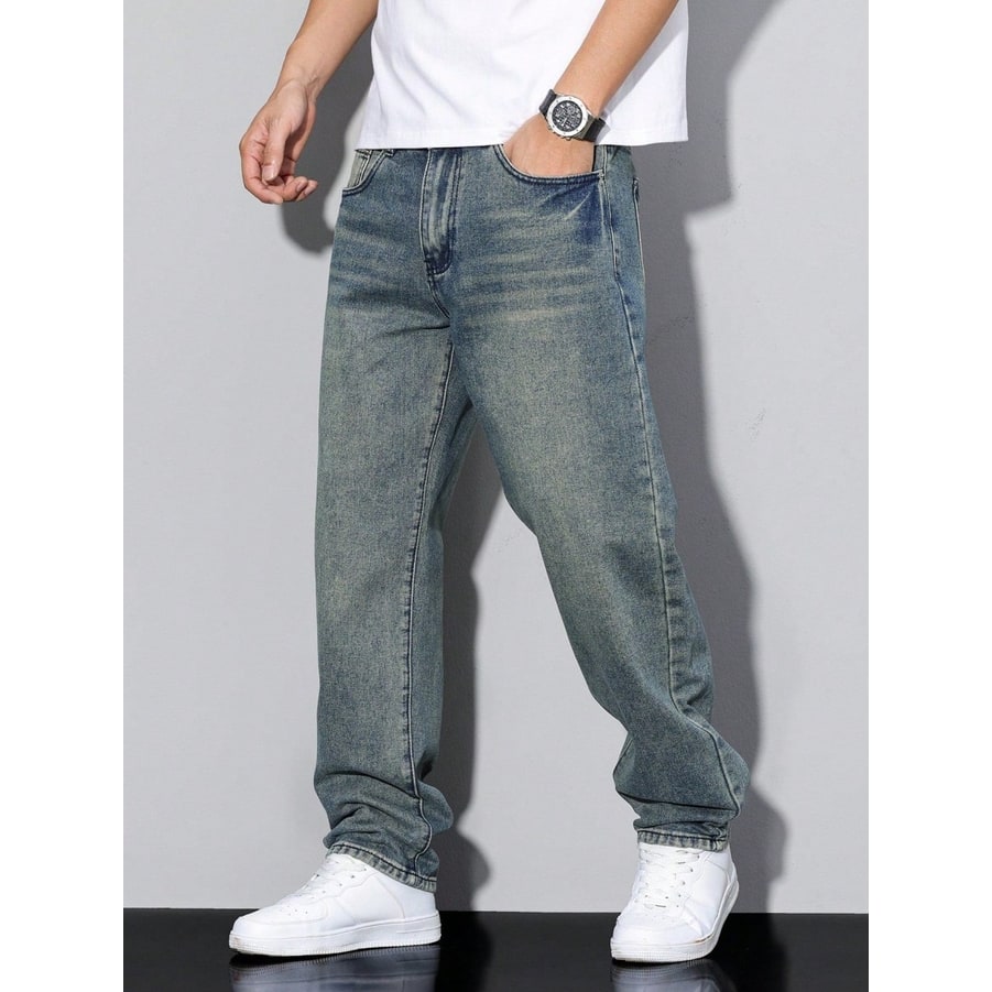 Men's Baggy Loose Fit Relaxed Jeans with Straight Leg and Faded Whiskering - Image 11