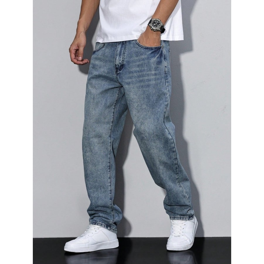 Men's Baggy Loose Fit Relaxed Jeans with Straight Leg and Faded Whiskering - Image 12