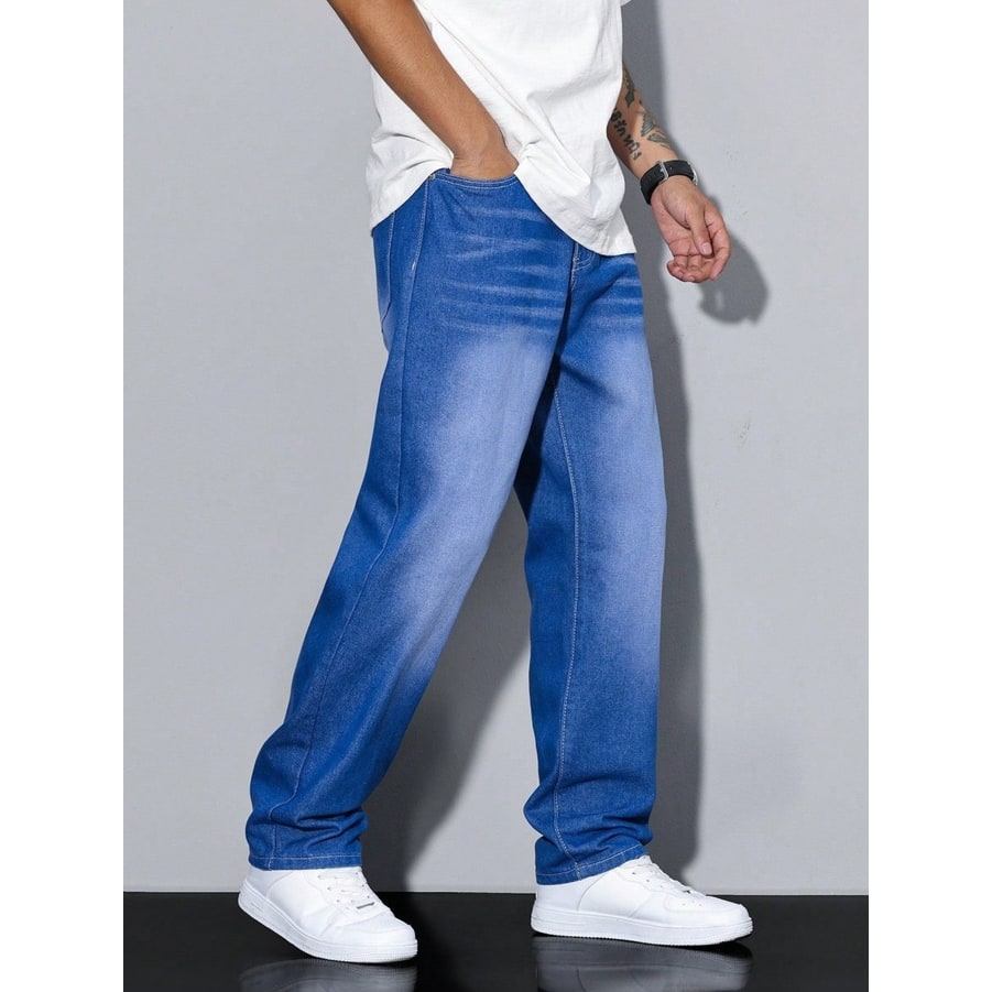 Men's Baggy Loose Fit Relaxed Jeans with Straight Leg and Faded Whiskering - Image 14