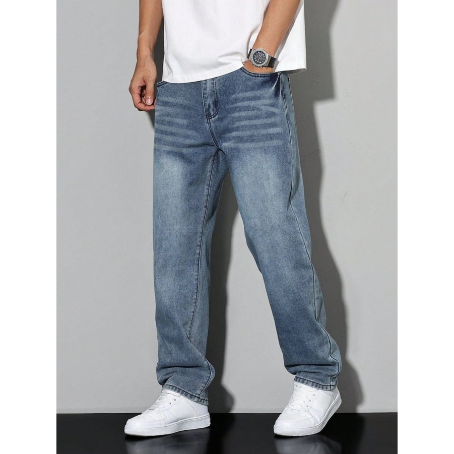 Men's Baggy Loose Fit Relaxed Jeans with Straight Leg and Faded Whiskering - Image 15