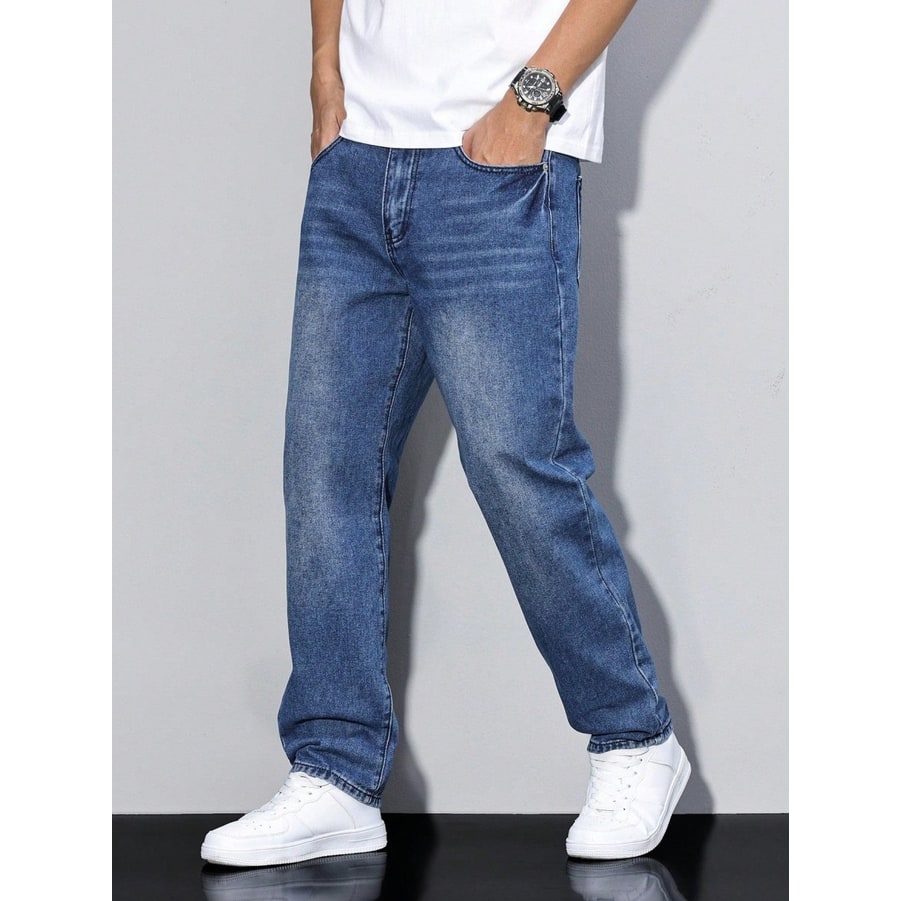 Men's Baggy Loose Fit Relaxed Jeans with Straight Leg and Faded Whiskering - Image 16