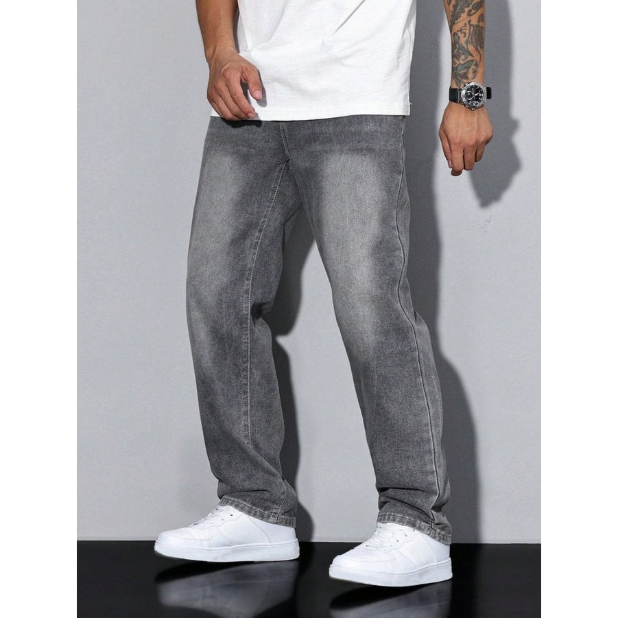 Men's Baggy Loose Fit Relaxed Jeans with Straight Leg and Faded Whiskering - Image 2