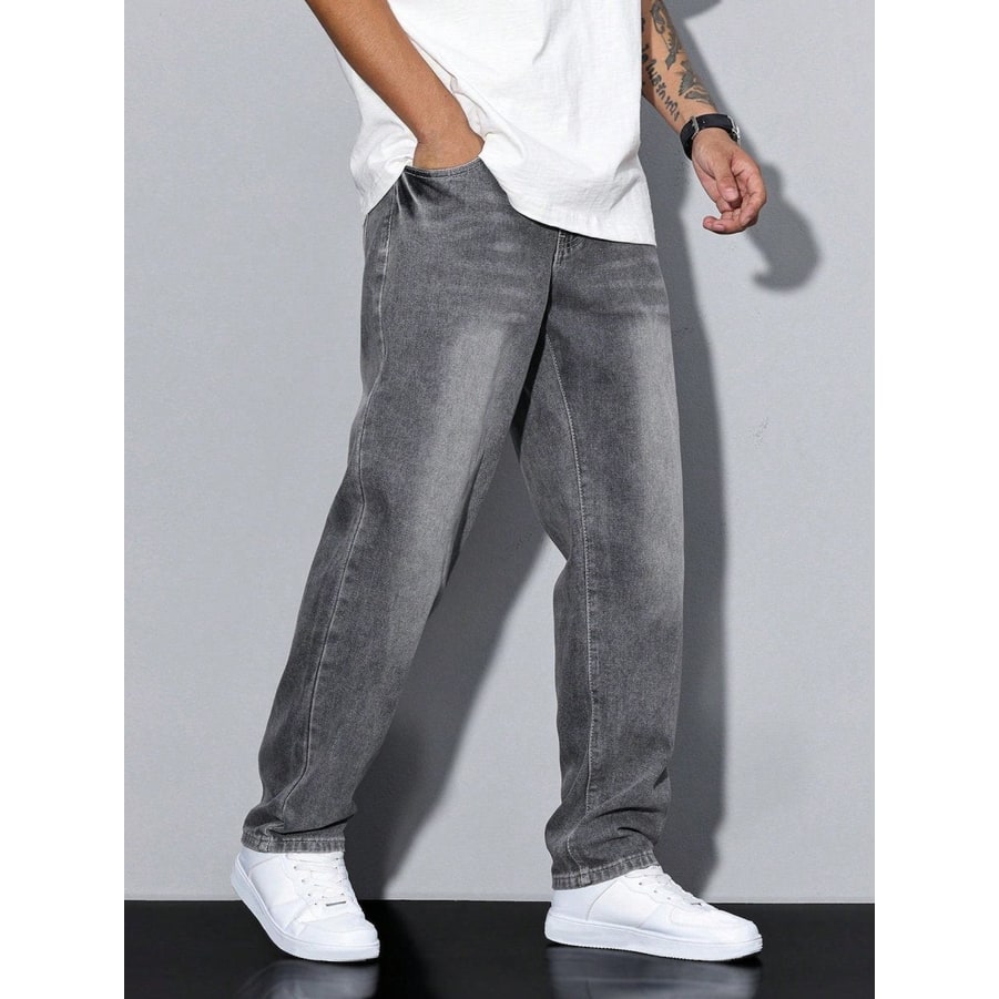 Men's Baggy Loose Fit Relaxed Jeans with Straight Leg and Faded Whiskering - Image 3