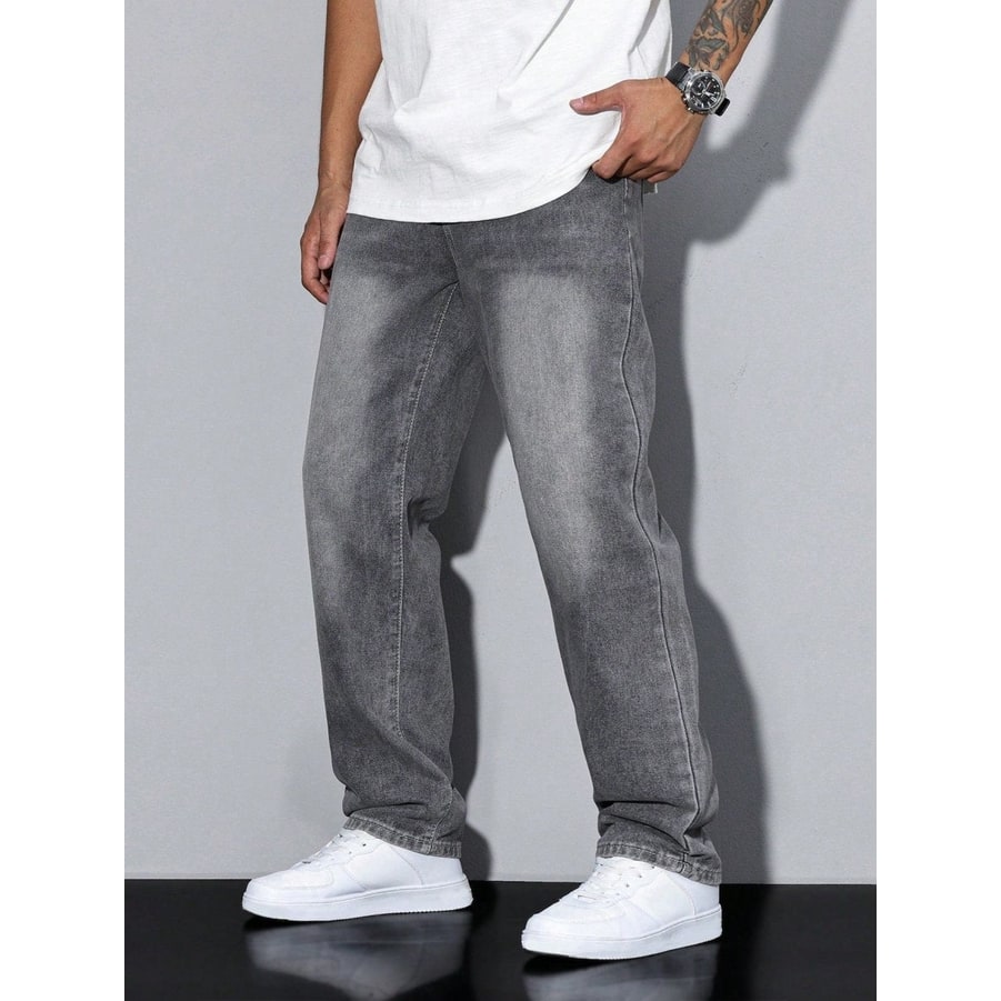 Men's Baggy Loose Fit Relaxed Jeans with Straight Leg and Faded Whiskering - Image 4