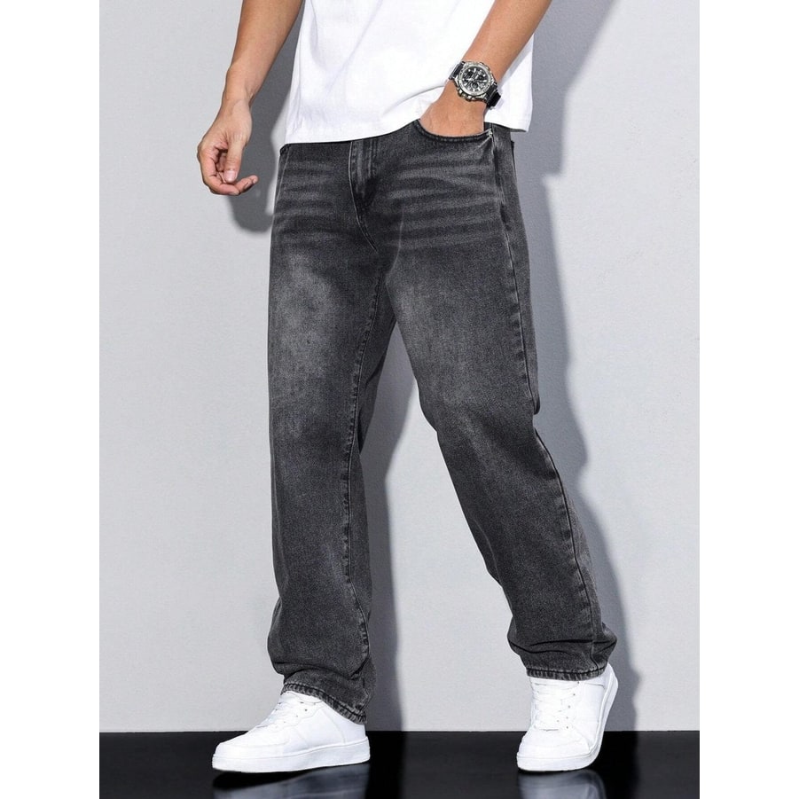 Men's Baggy Loose Fit Relaxed Jeans with Straight Leg and Faded Whiskering - Image 5