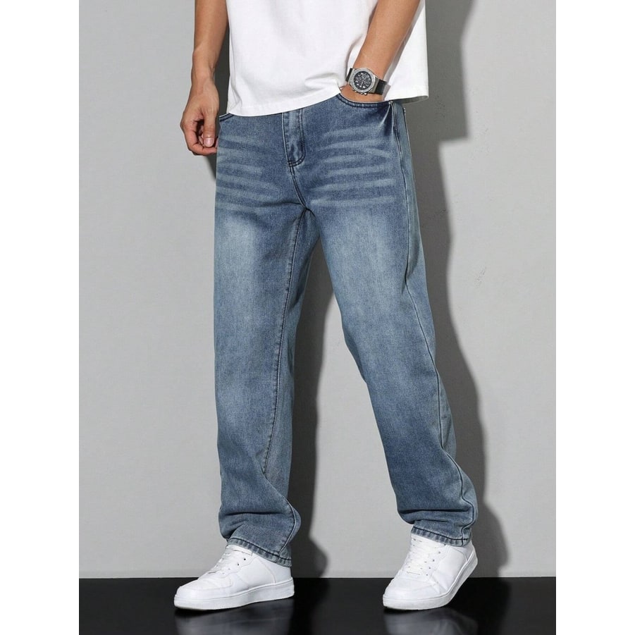 Men's Baggy Loose Fit Relaxed Jeans with Straight Leg and Faded Whiskering - Image 9