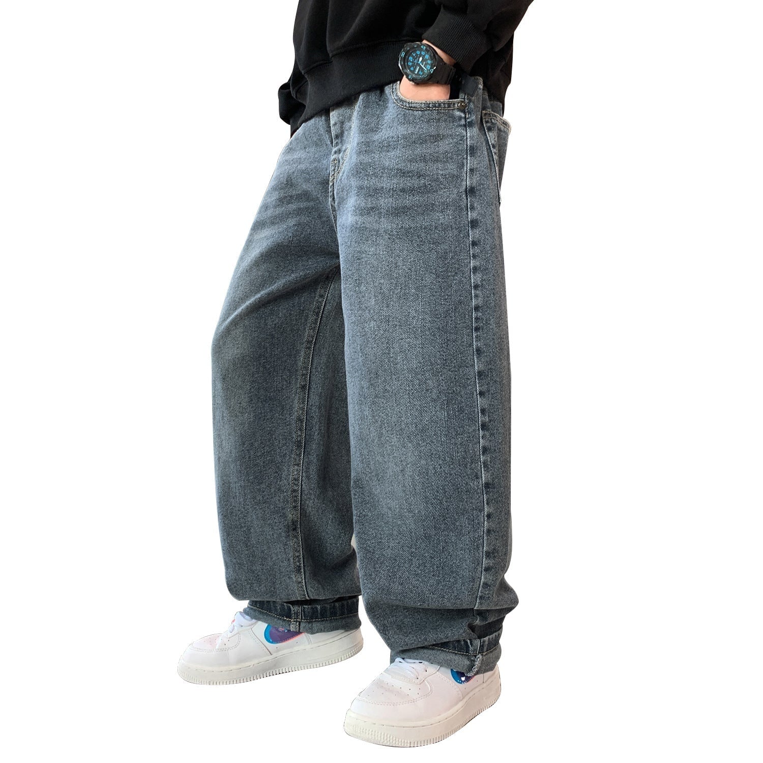 Men's Baggy Wide Leg Jeans with Faded Wash and Oversized Fit - Image 5