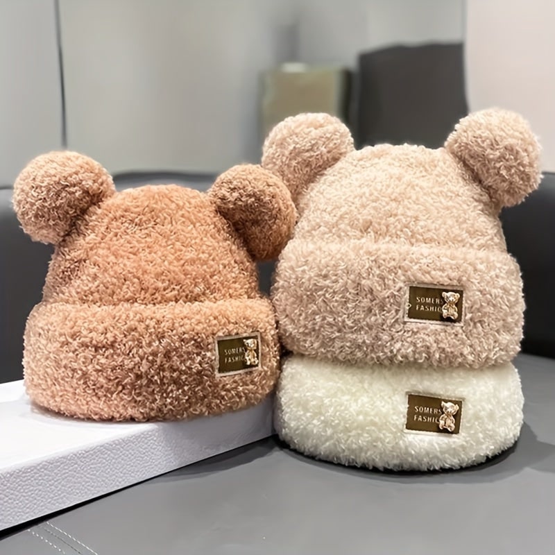 Men's Bear Ear Beanie with Flaps Fuzzy Sherpa Knit Winter Cap - Image 1