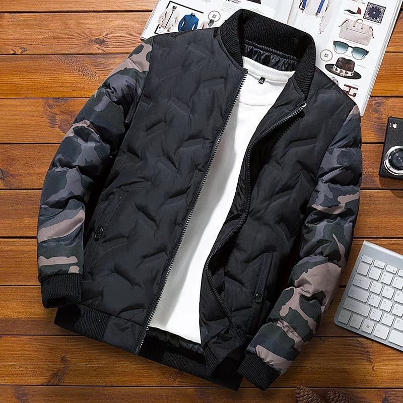 Men's Bomber Jacket Quilted with Camouflage Sleeves and Zip Closure - Image 1