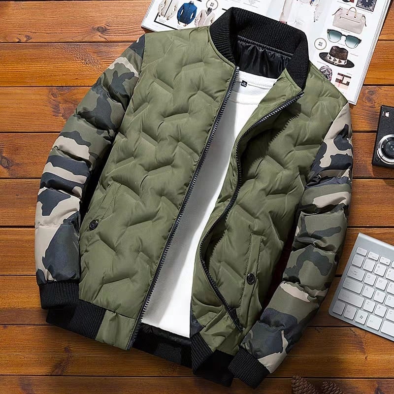 Men's Bomber Jacket Quilted with Camouflage Sleeves and Zip Closure - Image 7
