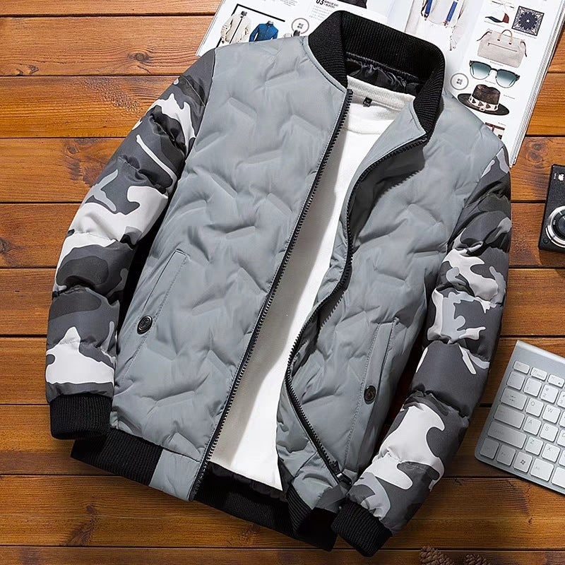 Men's Bomber Jacket Quilted with Camouflage Sleeves and Zip Closure - Image 8