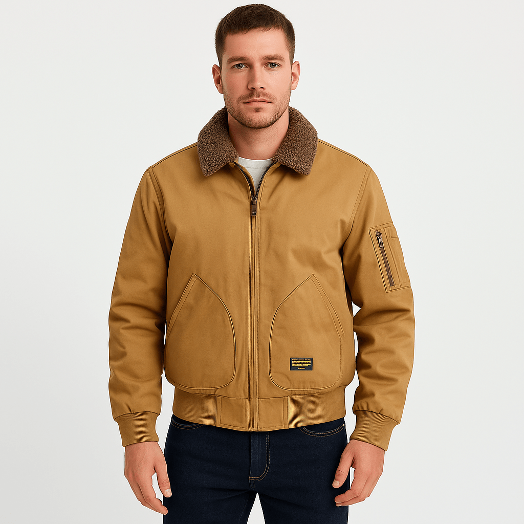 Men's Bomber Jacket with Canvas Shell and Sherpa Fleece Lining - Image 3