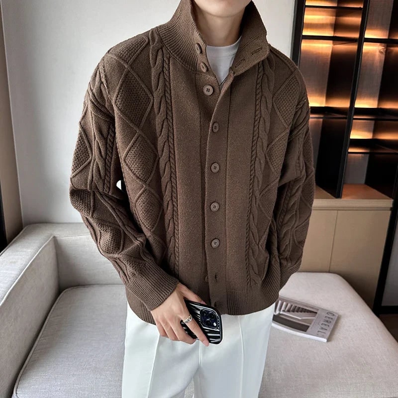Men's Cable Knit Cardigan Sweater with Stand Collar and Button Front - Image 1