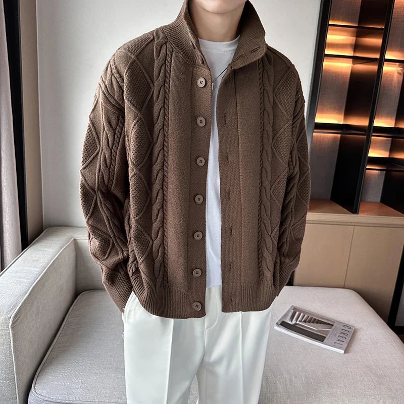 Men's Cable Knit Cardigan Sweater with Stand Collar and Button Front - Image 2