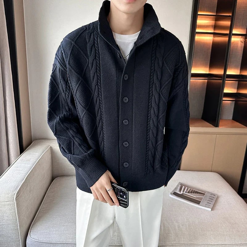 Men's Cable Knit Cardigan Sweater with Stand Collar and Button Front - Image 3