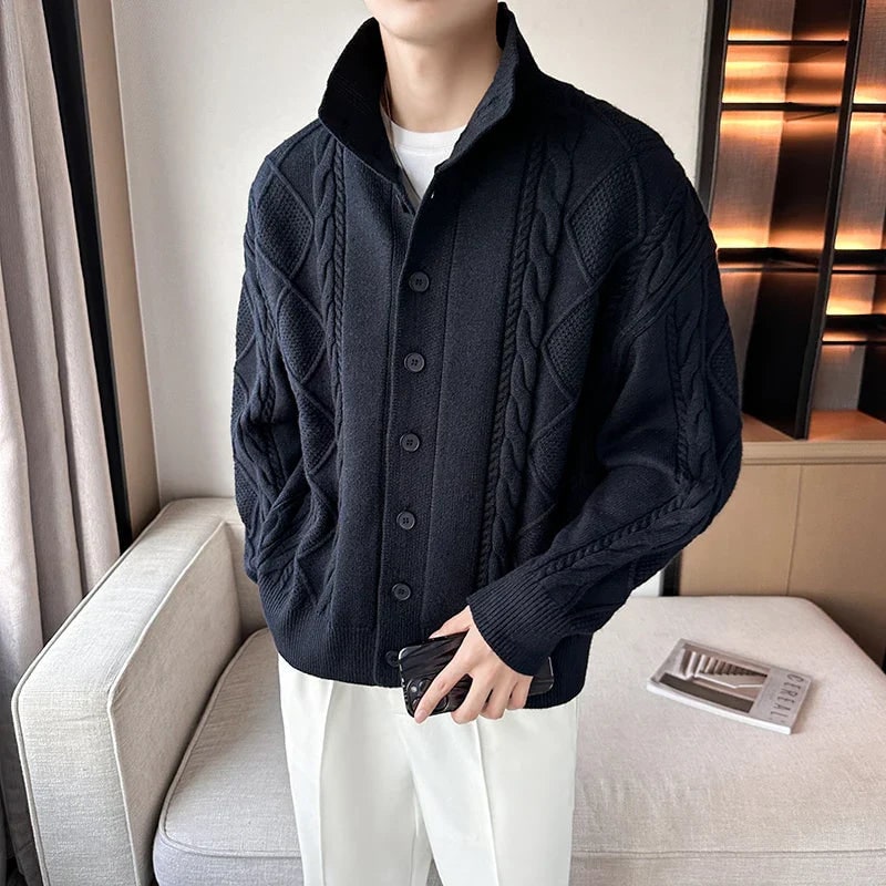 Men's Cable Knit Cardigan Sweater with Stand Collar and Button Front - Image 4