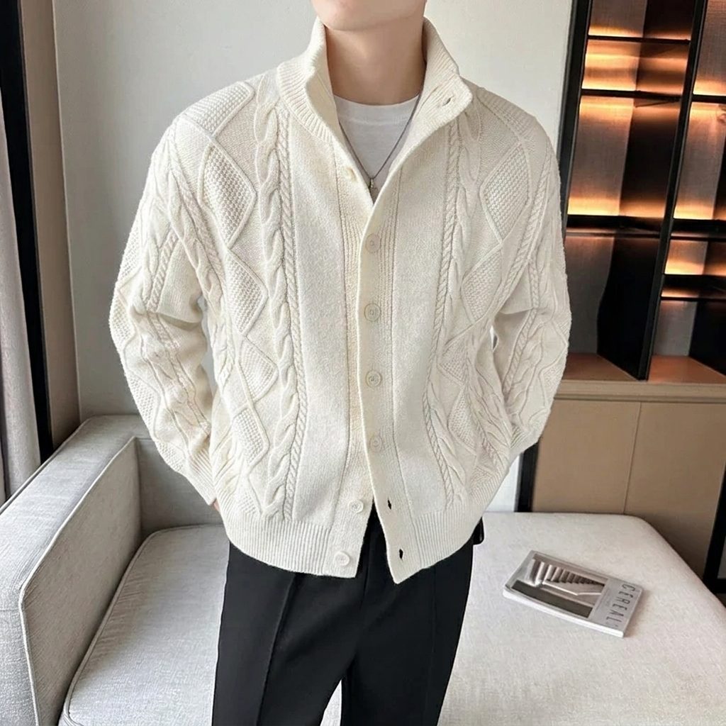 Men's Cable Knit Cardigan Sweater with Stand Collar and Button Front - Image 5
