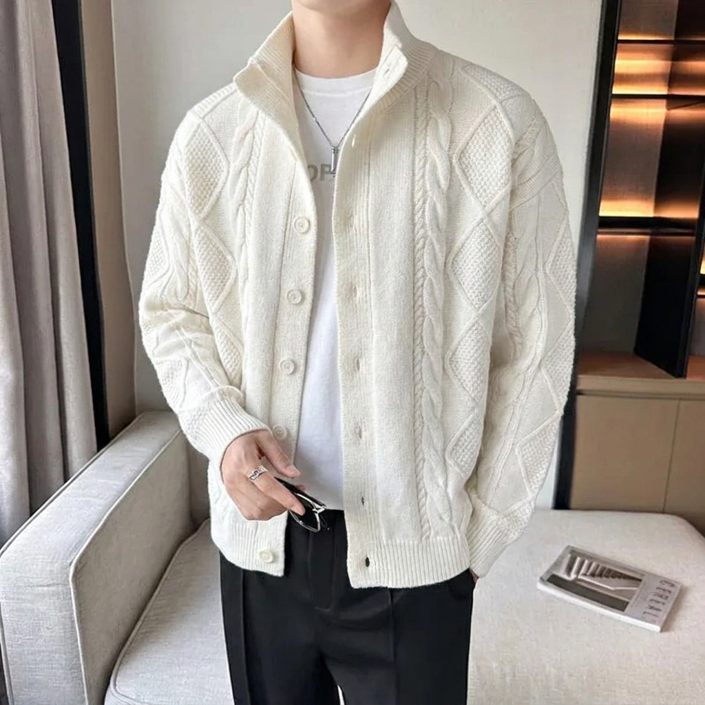 Men's Cable Knit Cardigan Sweater with Stand Collar and Button Front - Image 6