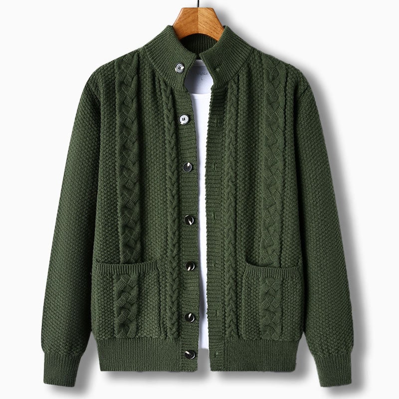 Men's Cable Knit Cardigan Sweater with Stand Collar and Front Pockets - Image 1