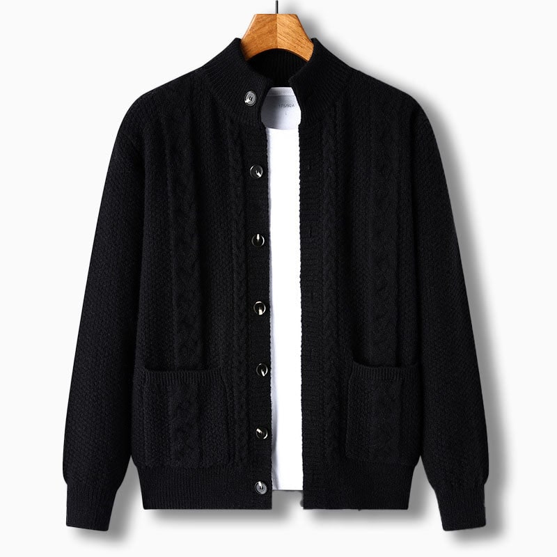 Men's Cable Knit Cardigan Sweater with Stand Collar and Front Pockets - Image 10