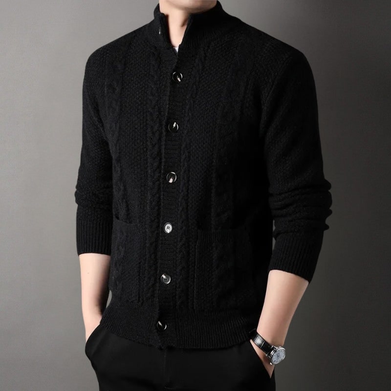 Men's Cable Knit Cardigan Sweater with Stand Collar and Front Pockets - Image 11