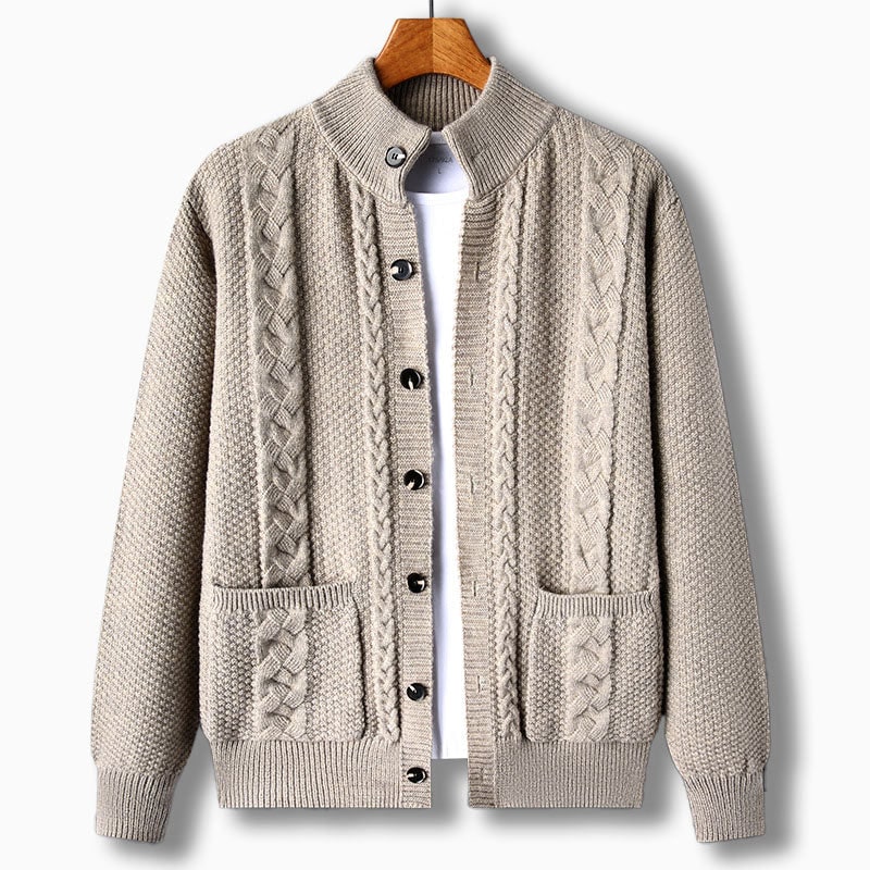 Men's Cable Knit Cardigan Sweater with Stand Collar and Front Pockets - Image 3