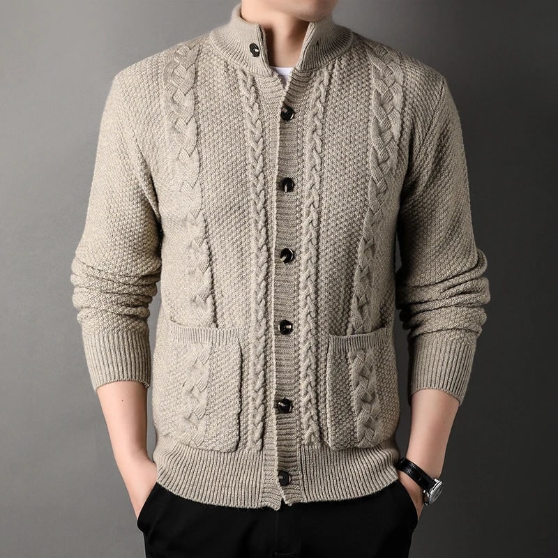 Men's Cable Knit Cardigan Sweater with Stand Collar and Front Pockets - Image 4