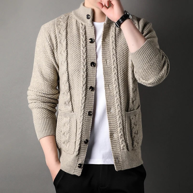 Men's Cable Knit Cardigan Sweater with Stand Collar and Front Pockets - Image 5
