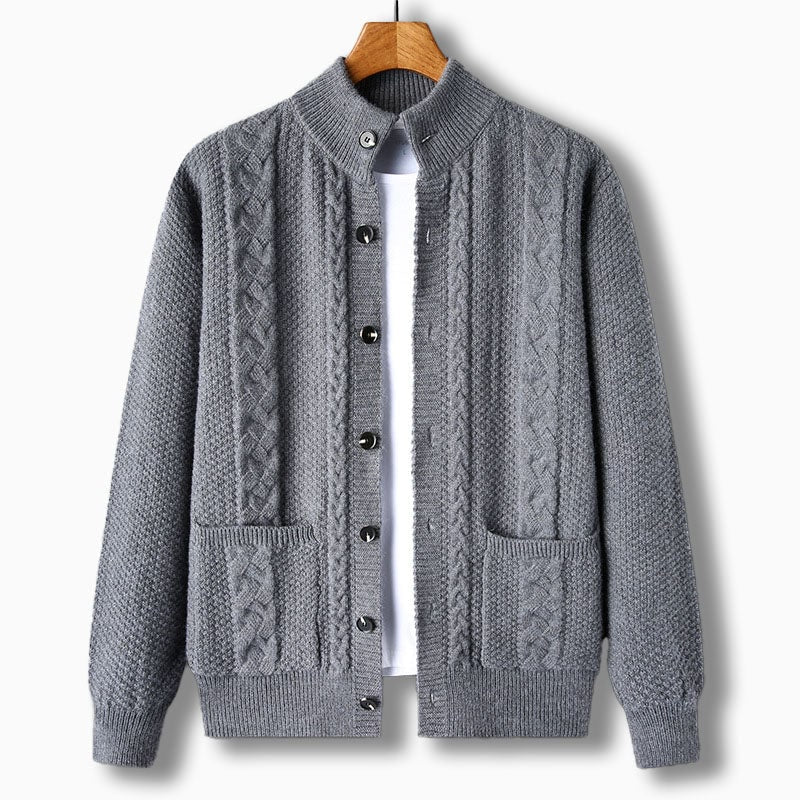 Men's Cable Knit Cardigan Sweater with Stand Collar and Front Pockets - Image 6
