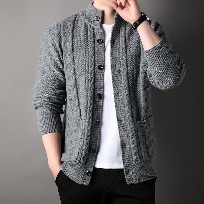 Men's Cable Knit Cardigan Sweater with Stand Collar and Front Pockets - Image 7