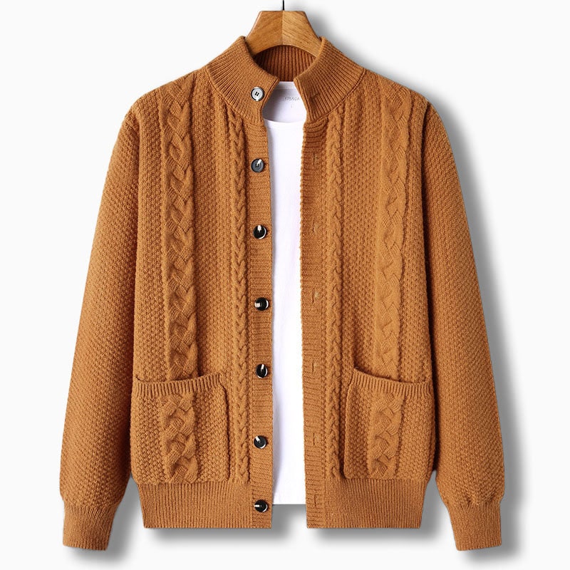 Men's Cable Knit Cardigan Sweater with Stand Collar and Front Pockets - Image 8